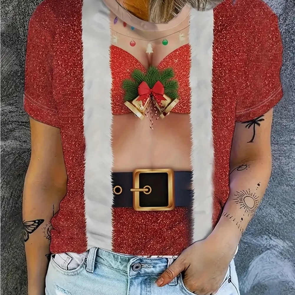 Festive Red Santa Graphic Women's Top - Picture 1 of 9